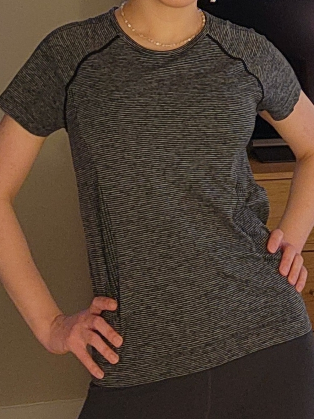 Women’s Workout Short-Sleeve Crewneck Tee in Black and Gray Stripe - Size M - Picture 2 of 7
